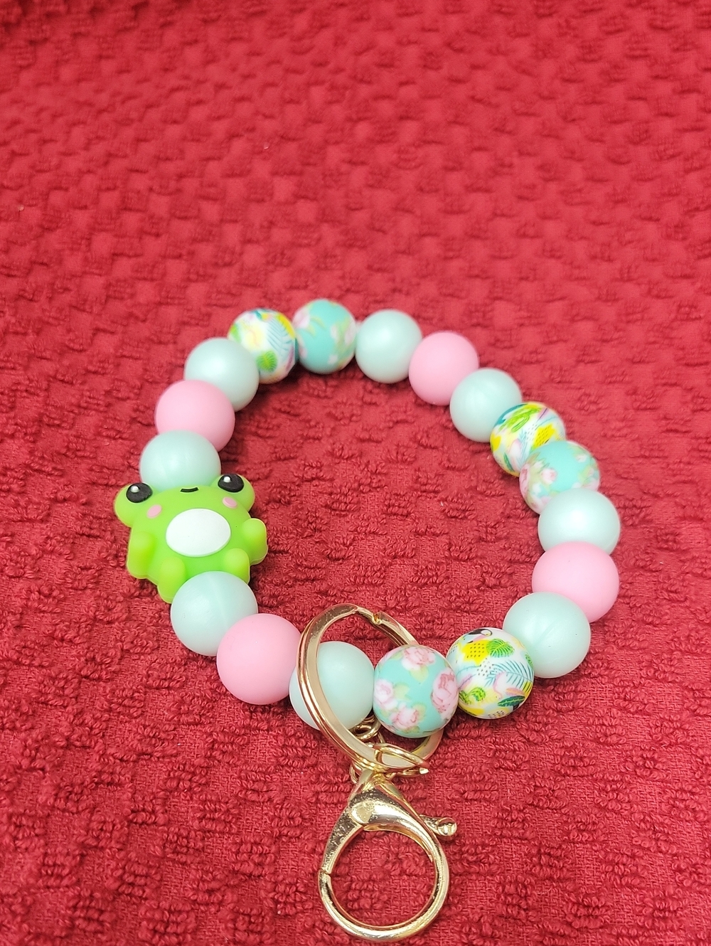 Cute Frog Bead Keychain Bracelet - Pink & Mint